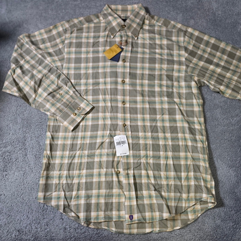 Henry Jacobson‎ Mens M Button Down Shirt Taupe Plaid Cotton Cashmere Martin 3210